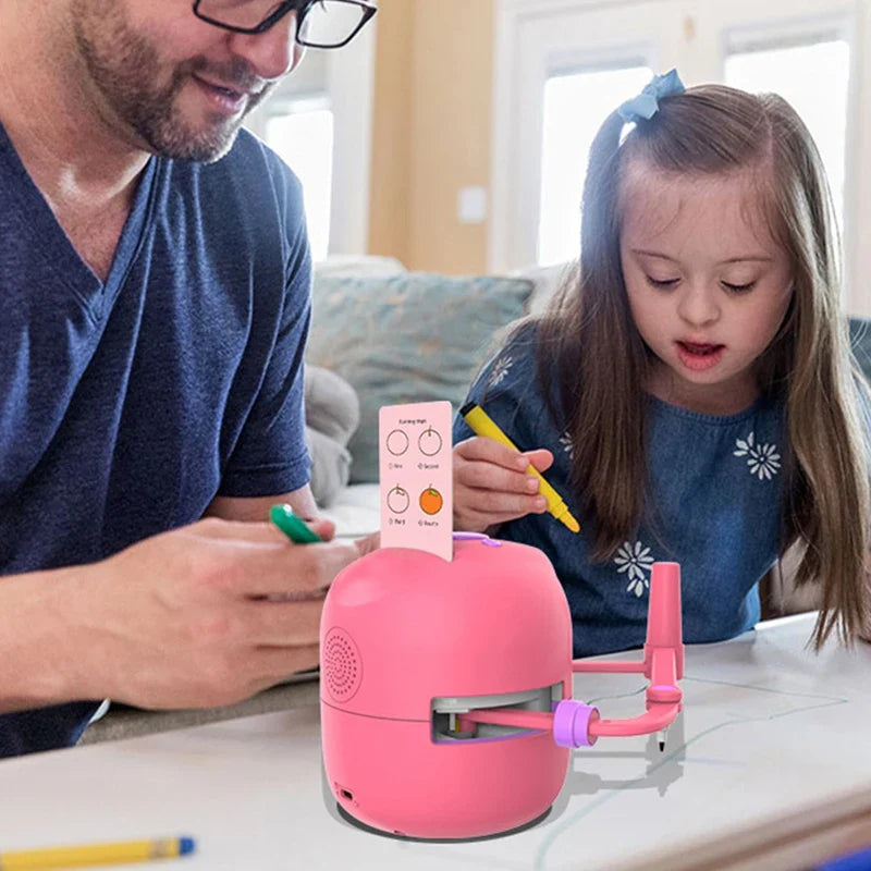 An adult and child practicing drawing with a pink drawing robot