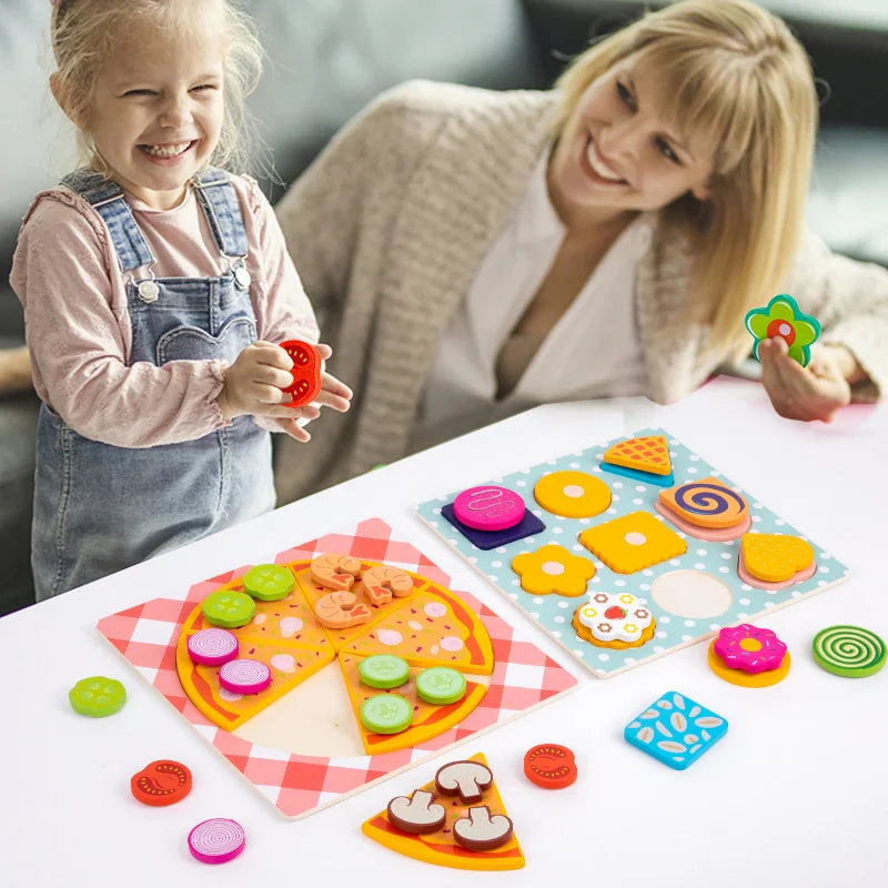 Child and adult playing together with wooden pizza and cookie boards