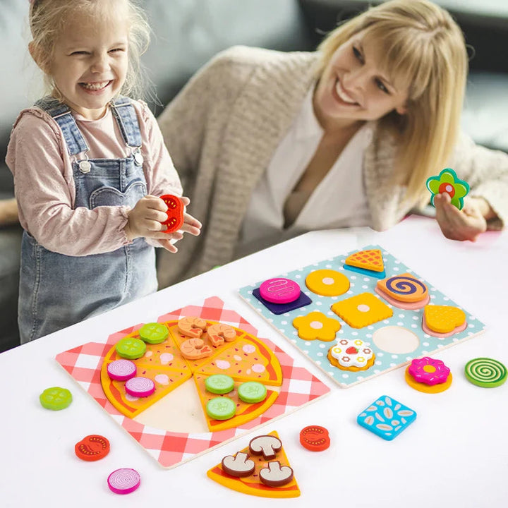 Child and adult playing together with wooden pizza and cookie boards
