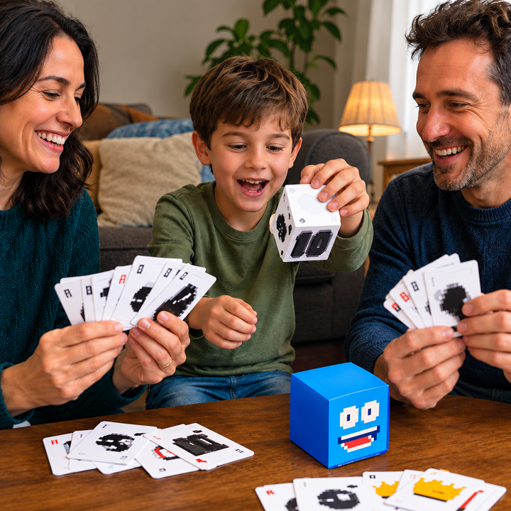 Child holding a 3D card shape while two adults hold cards at a table