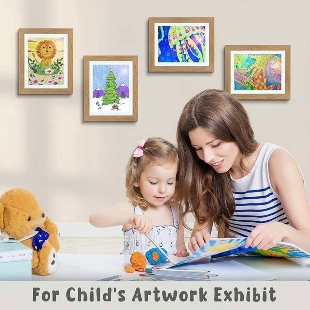 Adult and child drawing beneath a wall of framed artwork