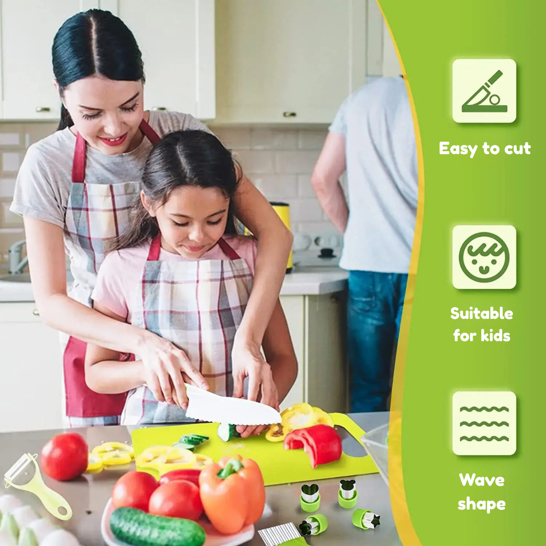A child and adult preparing vegetables together with kitchen knives and cutting boards