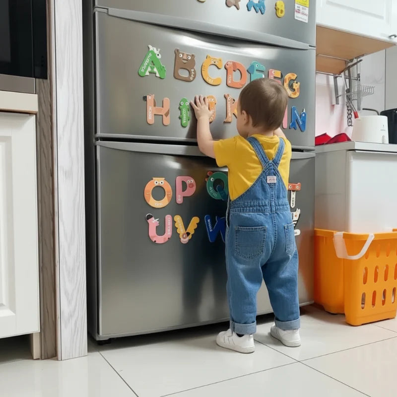 Child arranging animal alphabet magnets on a refrigerator door