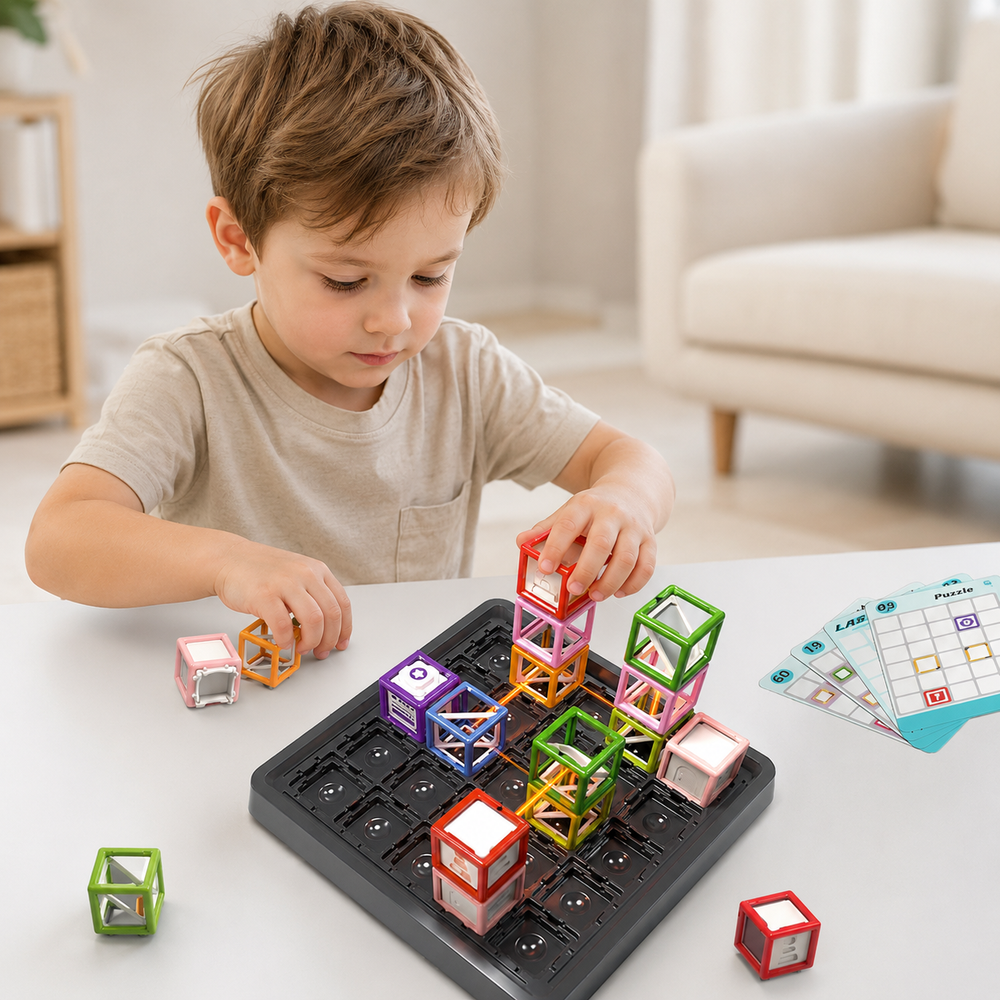 Child placing colorful towers on a laser maze board beside puzzle cards.
