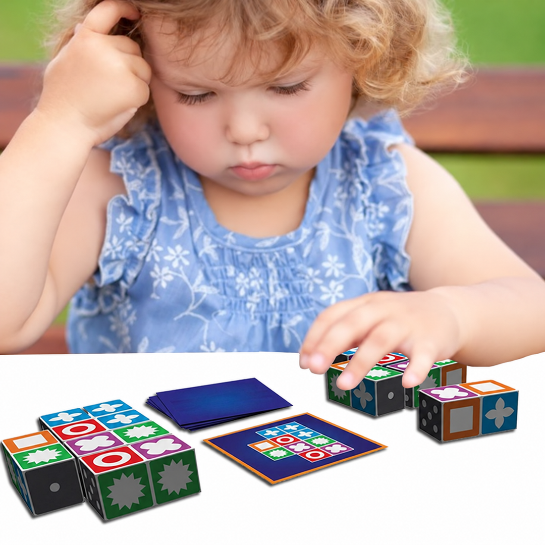 Child arranging colorful puzzle pieces beside a pattern card and blue card deck