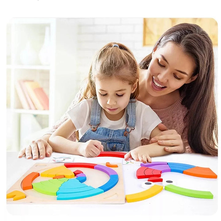 Child arranging curved rainbow puzzle pieces on a wooden board with an adult