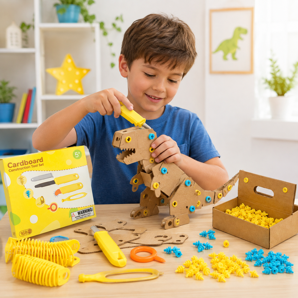Child using a yellow tool to assemble a cardboard dinosaur with colorful connectors