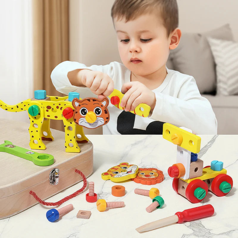 Child assembling a wooden animal with colorful fasteners, tools, and building pieces on the table
