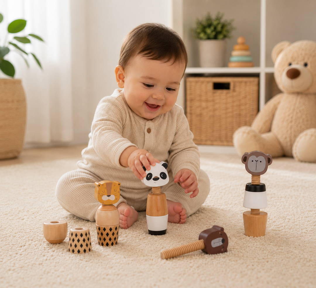 Child handling a wooden panda stacking toy with animal pieces arranged on a rug