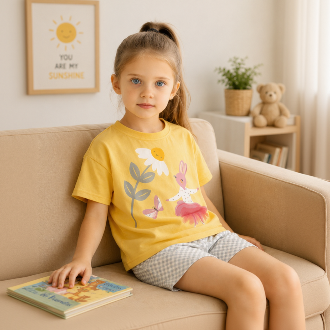 Child seated on a couch in a yellow ballerina-bunny T-shirt and gray checkered shorts