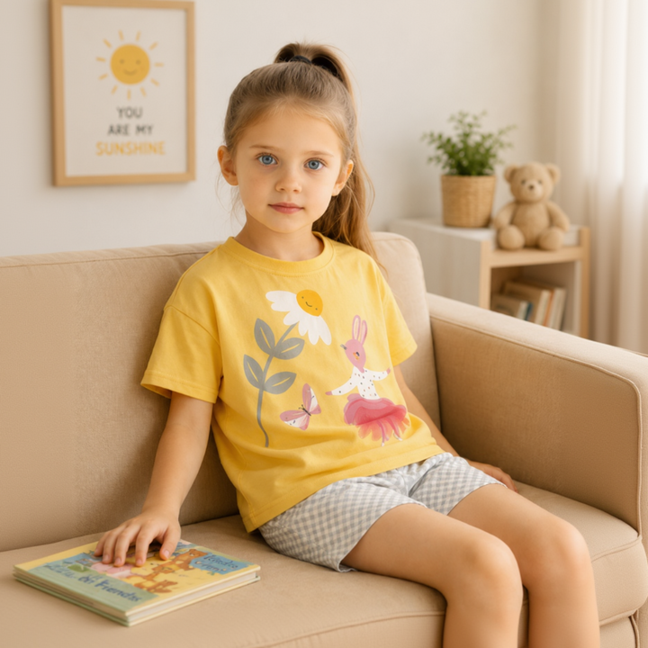 Child seated on a couch in a yellow ballerina-bunny T-shirt and gray checkered shorts