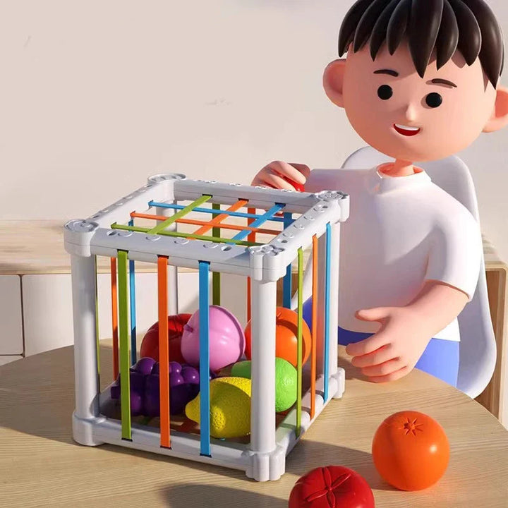 Illustration of a child beside a fruit-filled sorting cube on a table