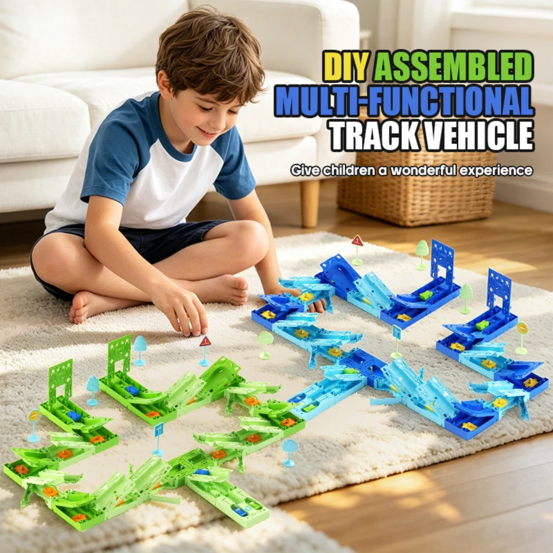 Child playing with blue and green modular car tracks on a rug