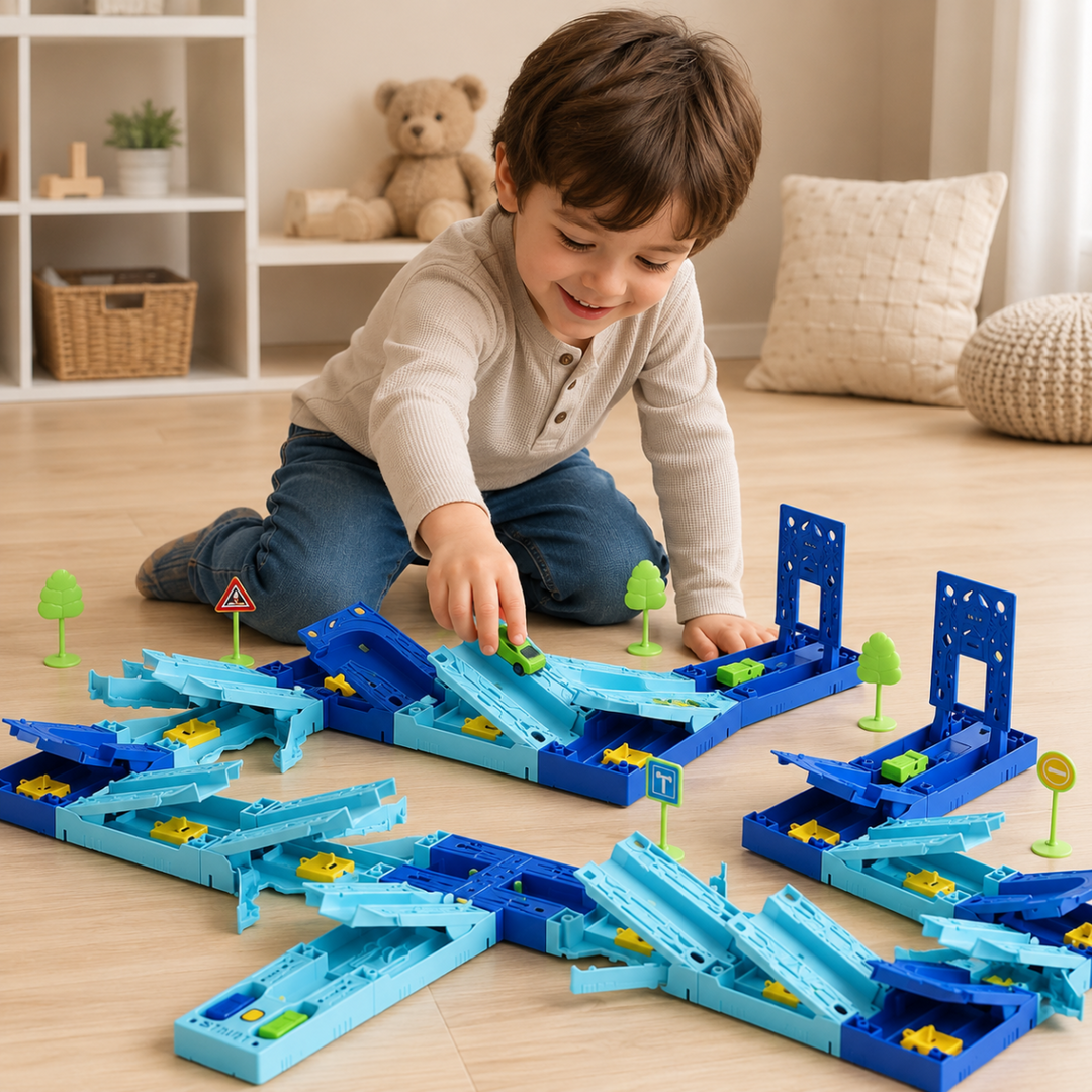 Child playing with a blue modular race track, toy cars, signs, and trees on the floor