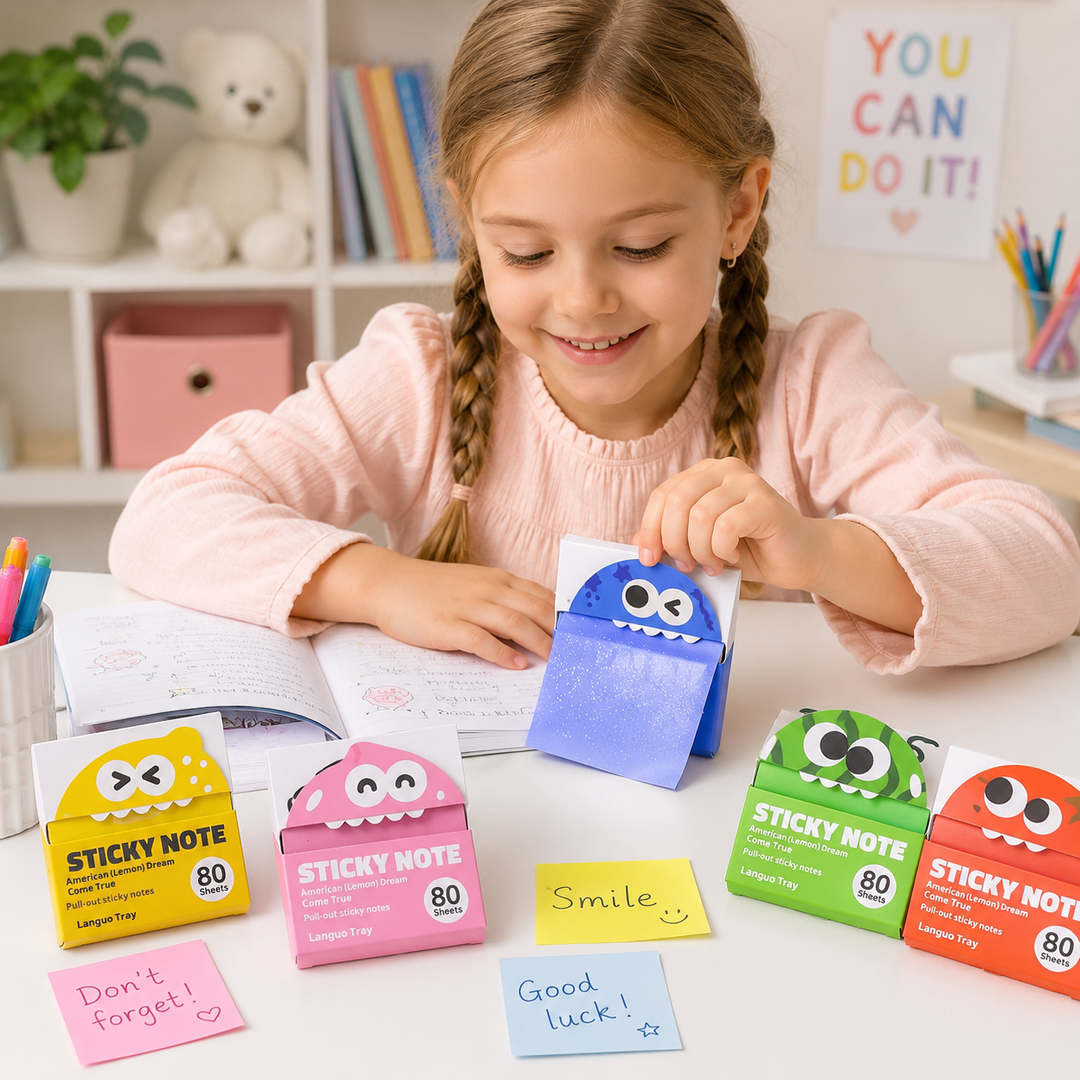 Child pulling a blue sticky note from a cartoon pack at a study desk