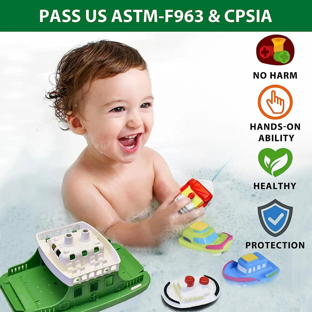 Child playing in a bubble bath with colorful toy boats and a green ferry