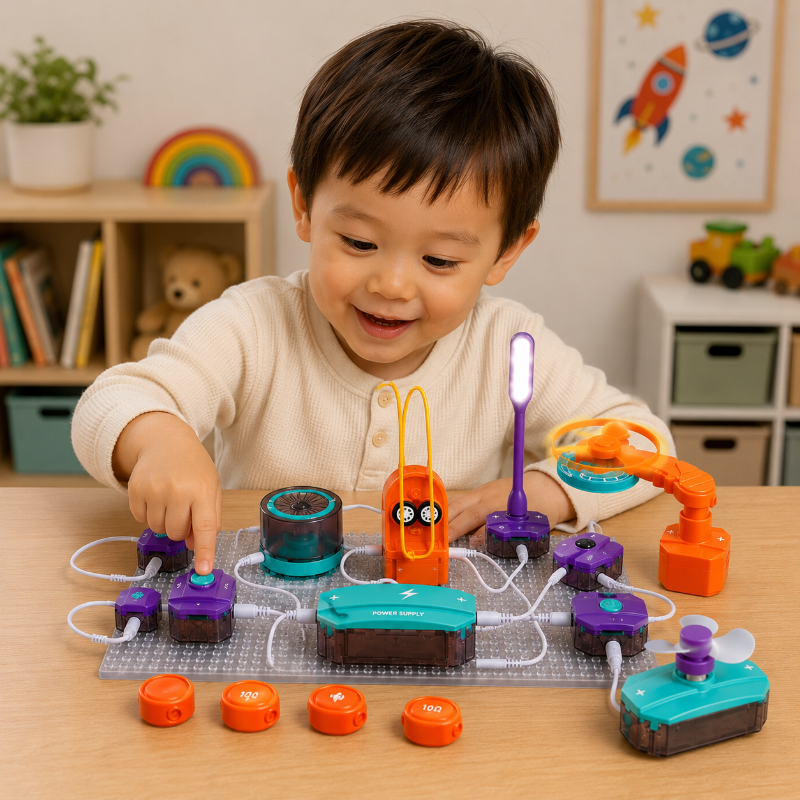 Child building a circuit with colorful electronic modules on a baseplate