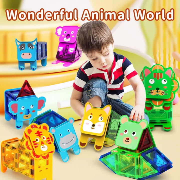 Child building with colorful magnetic tiles arranged as animal characters.