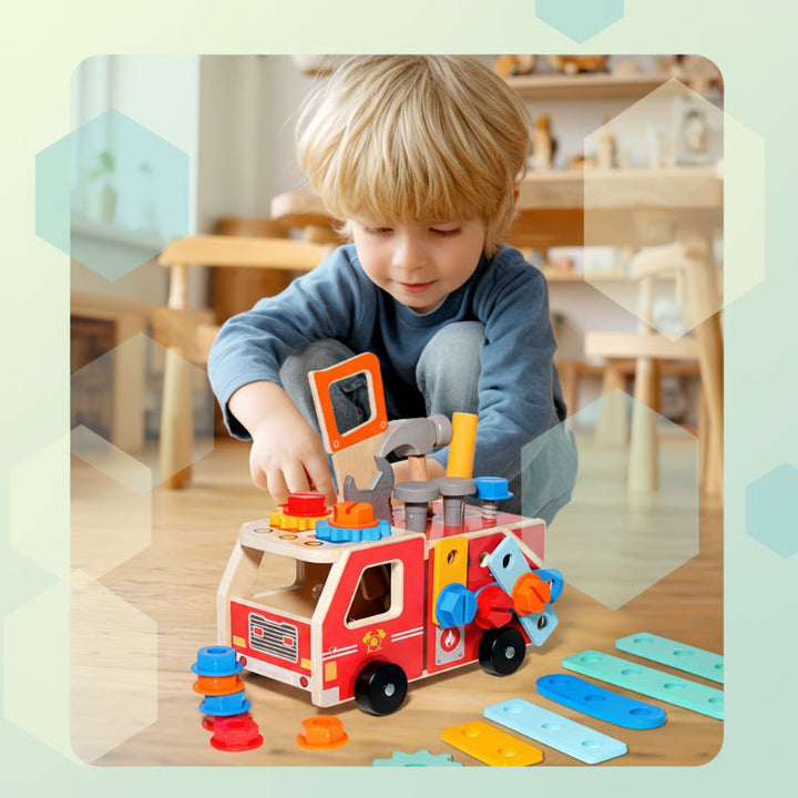 Child working with colorful gears and bolts on a wooden fire truck.