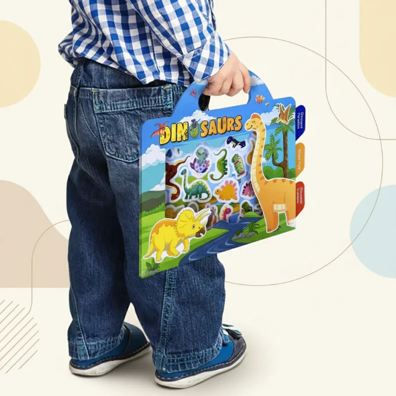 Child carrying a dinosaur-themed sticker book by its built-in handle.