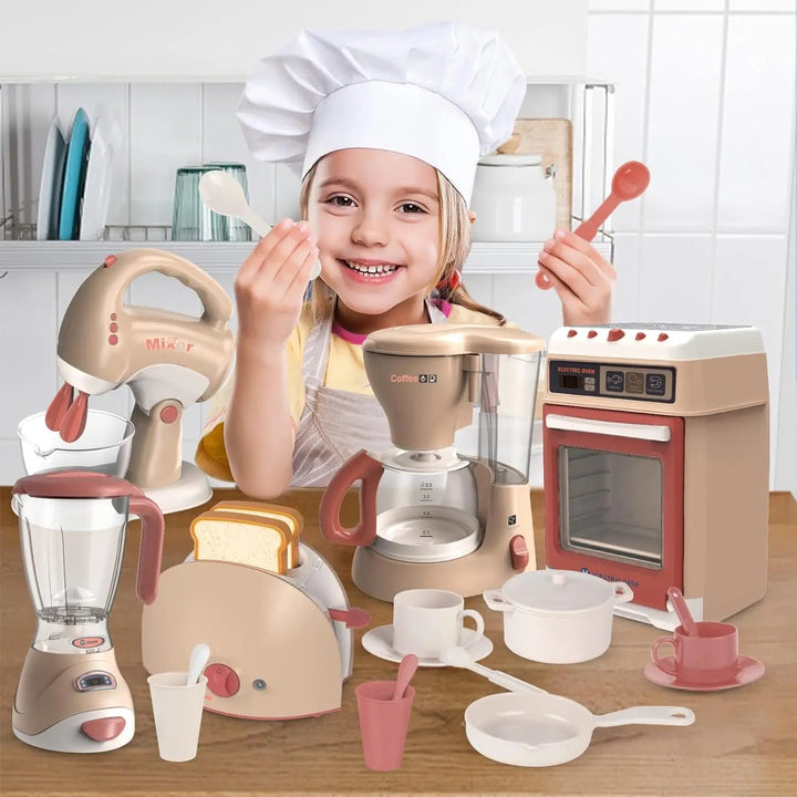 Child in a chef hat playing with toy kitchen appliances and pretend dishes.