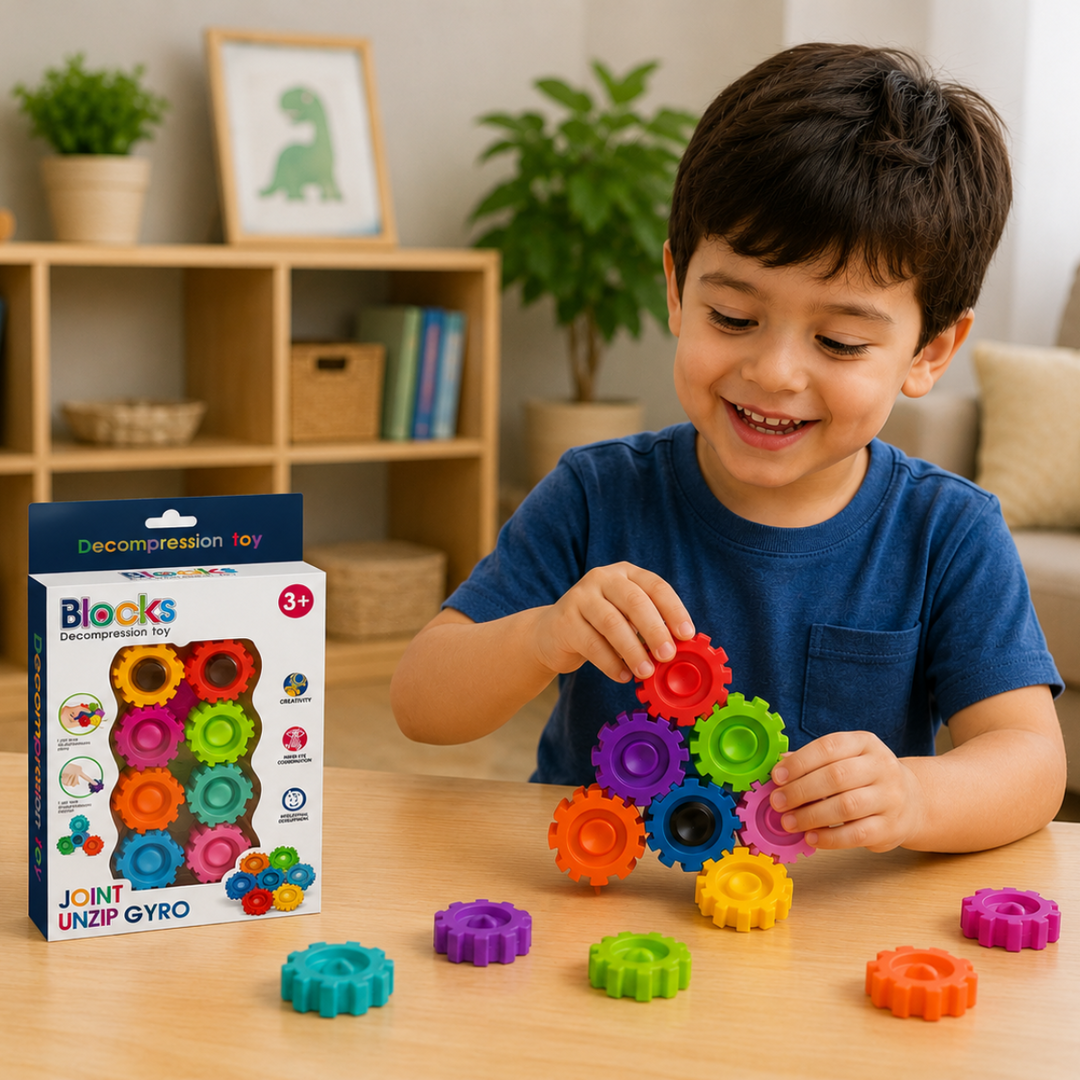 Child connecting colorful gear pieces at a table beside the toy&