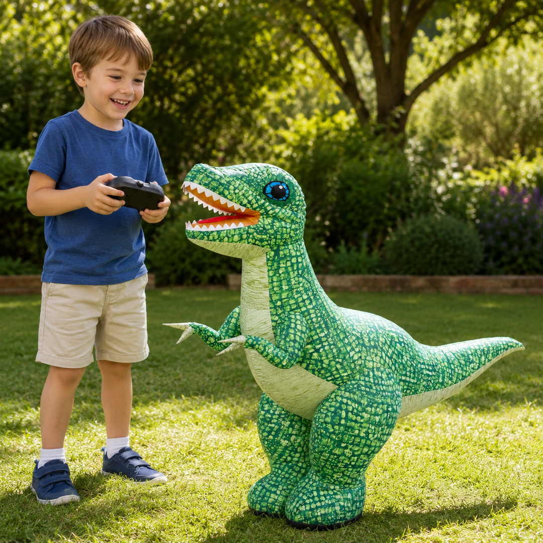Child holding a remote beside a large green inflatable dinosaur in a garden.