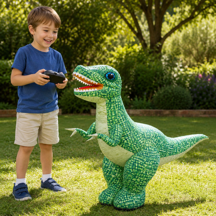 Child holding a remote beside a large green inflatable dinosaur in a garden.