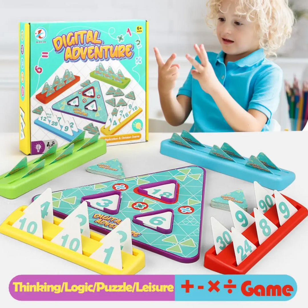 Child counting on their fingers beside a multiplication and division game setup