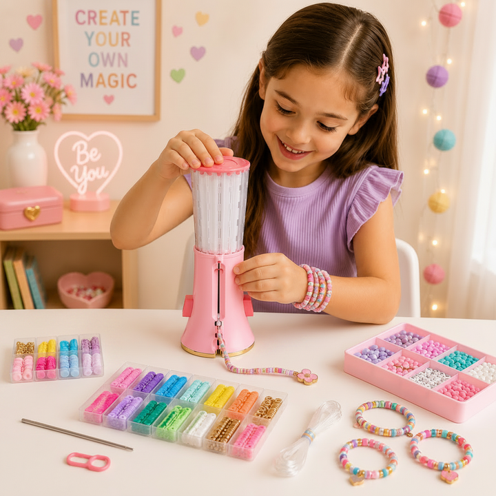 Child making jewelry with a pink bead turntable, colorful beads, cord, and finished bracelets on the table
