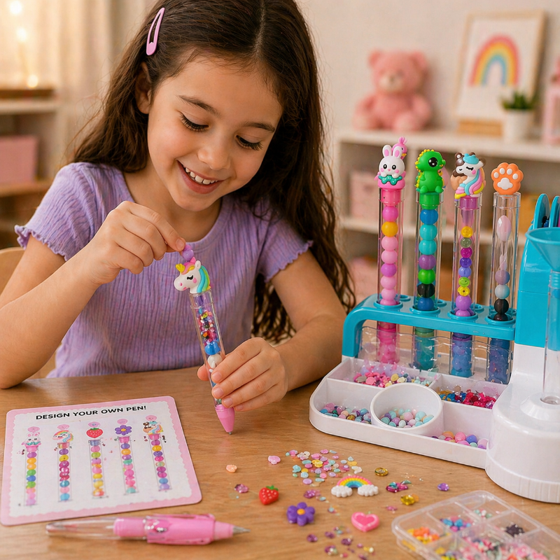 Child decorating a unicorn-topped pen beside the station and colorful craft supplies