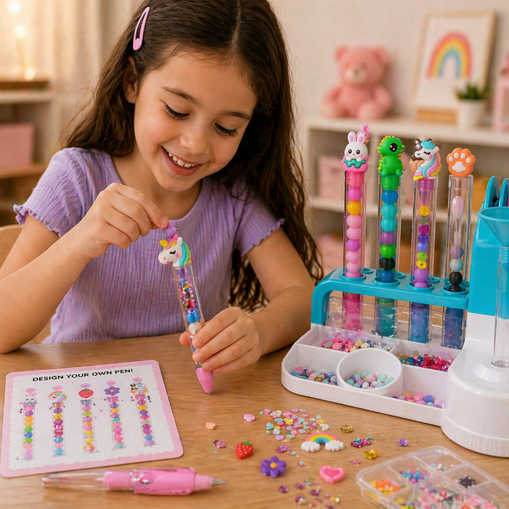 Child decorating a unicorn-topped pen beside the station and colorful craft supplies
