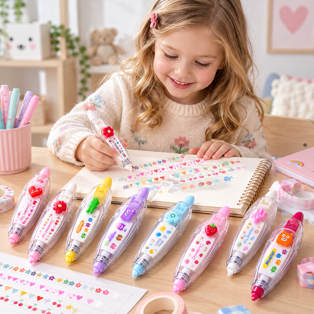 Child decorating a notebook with a patterned tape dispenser at a desk with several designs.