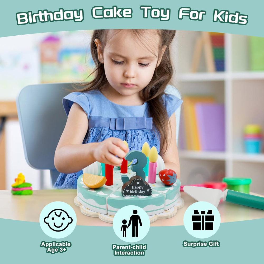 Child adding a candle to a wooden birthday cake with colorful toppings