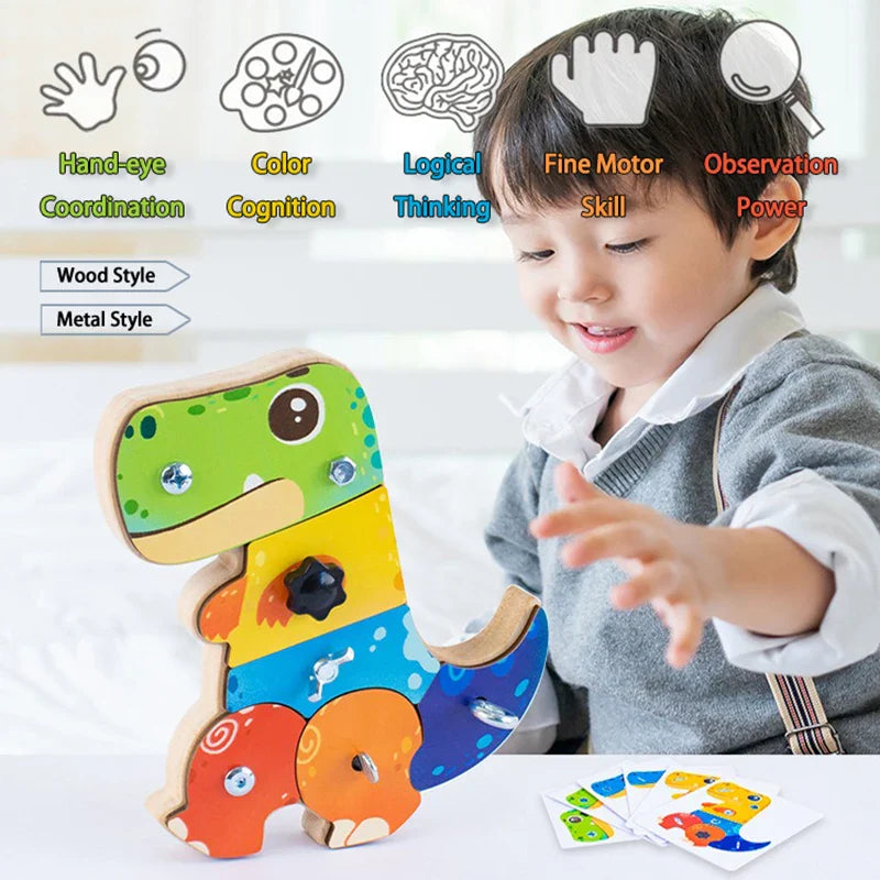 Child exploring a colorful dinosaur activity board beside challenge cards
