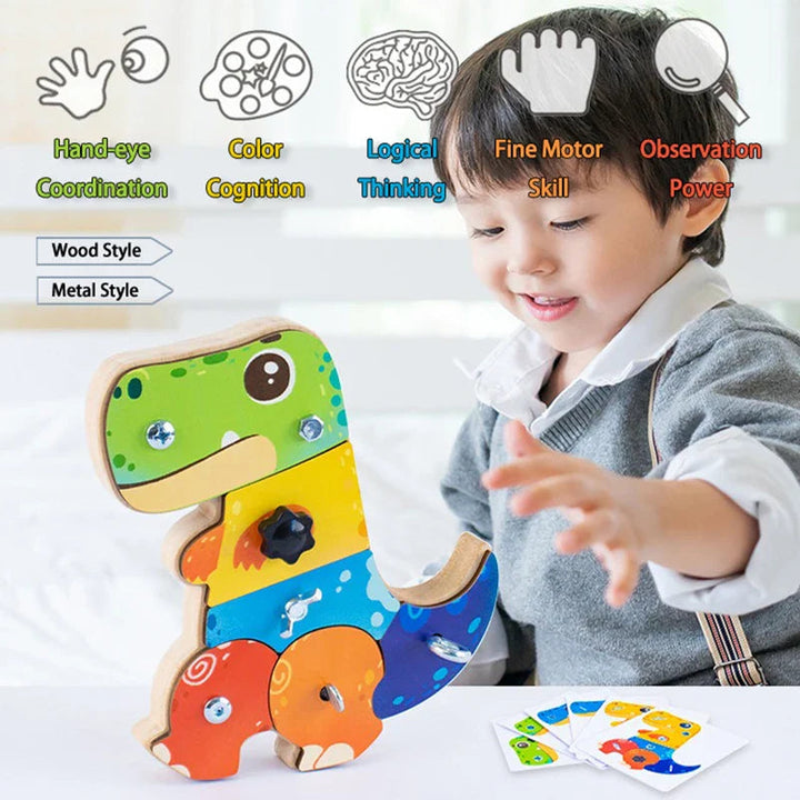 Child exploring a colorful dinosaur activity board beside challenge cards