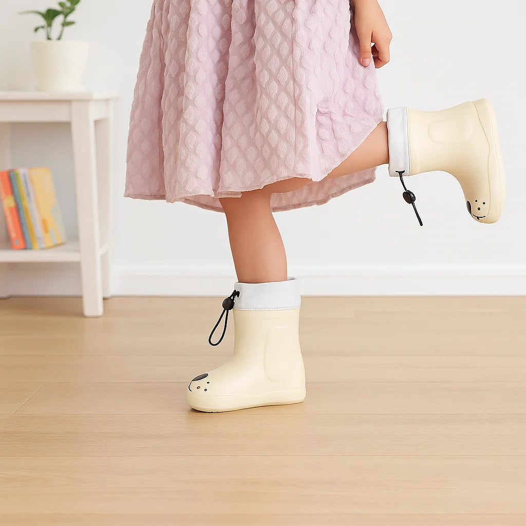 Child in a pink dress wearing dog-face rain boots with drawcord cuffs