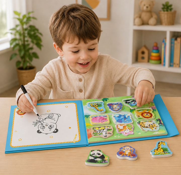 Child drawing in an open animal puzzle book with matching animal pieces beside the drawing page.