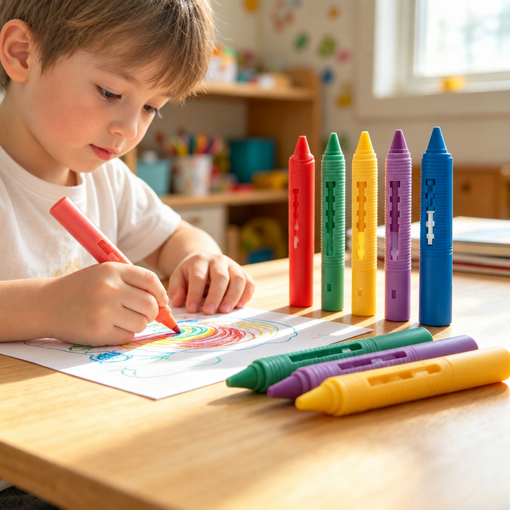 Child drawing on paper at a table with colorful bath crayons standing nearby.