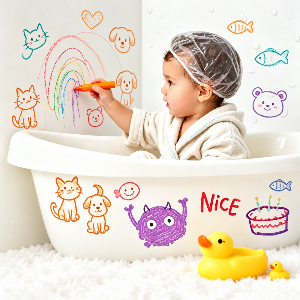 Child using an orange bath crayon to draw a rainbow on the wall beside a bathtub.