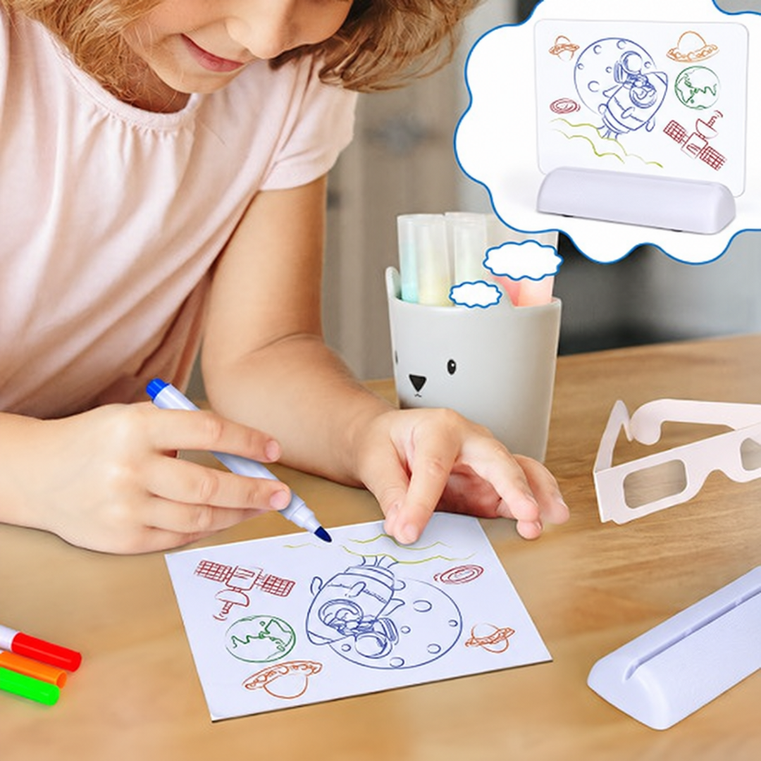 Child drawing a space-themed picture with a blue pen beside the drawing board and 3D glasses