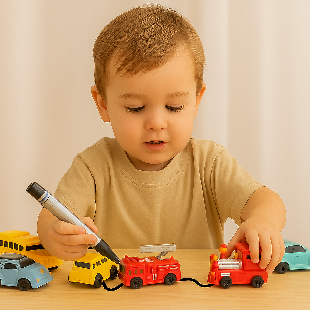 Child drawing a black track beside toy cars, a bus, a train, and a fire truck