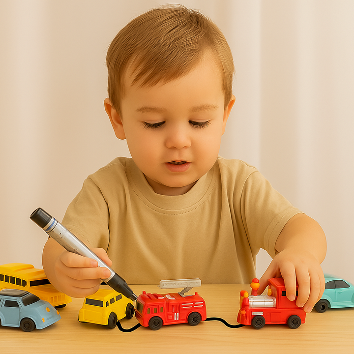 Child drawing a black track beside toy cars, a bus, a train, and a fire truck
