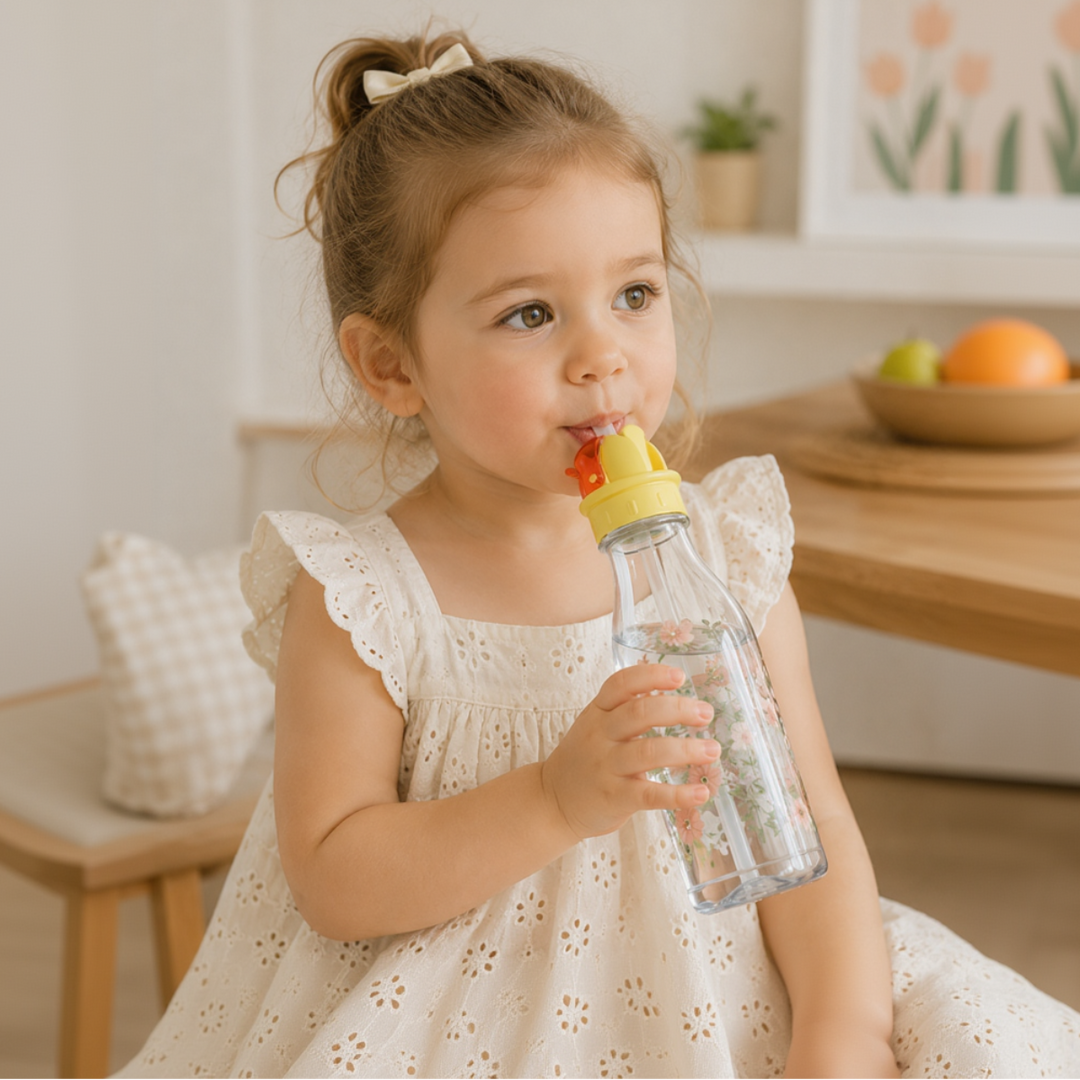 Child drinking from a clear water bottle fitted with a yellow straw cap and red flip-top cover.