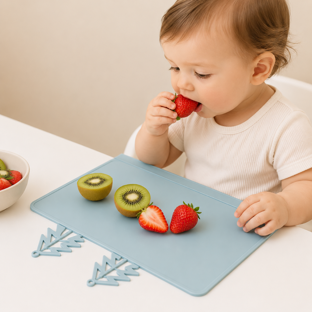 Child eating strawberries at a blue silicone placemat with raised edges