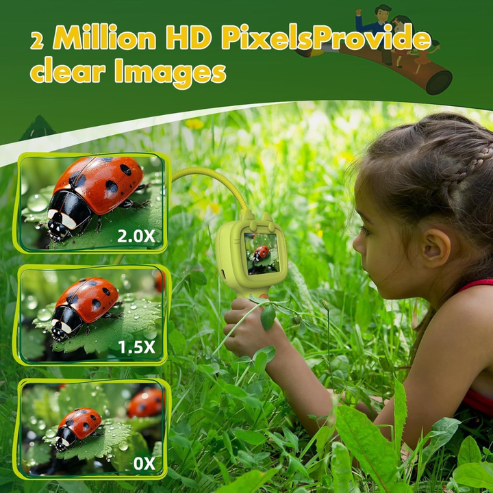 Child exploring plants with the endoscope beside enlarged views of a ladybug