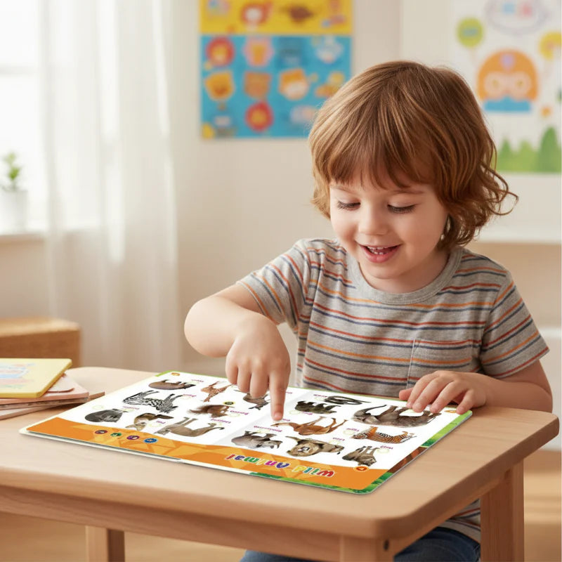 Child pointing to animal pictures in an open English sound book at a table