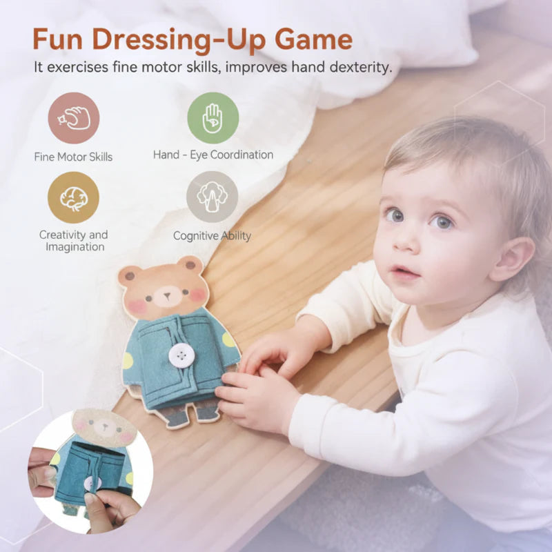 Child exploring the bear dressing toy at a table, with a close-up of button practice
