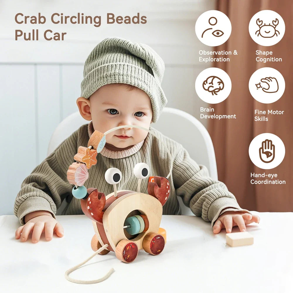 Child exploring a wooden crab pull toy with colorful beads on a curved wire