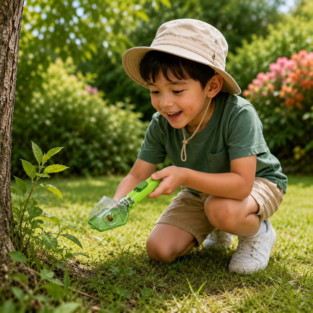 Child crouching beside a tree to explore the grass with a green insect catcher